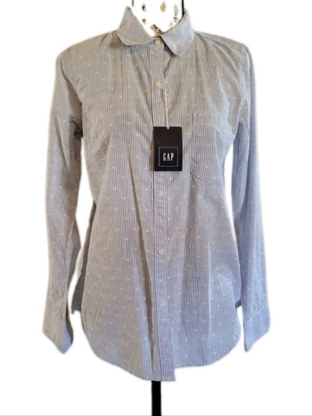 GAP Boyfriend Fitted Button Up Shirt Blue White Stripe Neon Polka Dot Long Slv